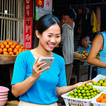 **Prompt:** A bustling Vietnamese local market scene where a traditional small business owner (e.g., a street food vendor or artisan) is seamlessly integrating digital tools. They are smiling while looking at a tablet or smartphone displaying an e-commerce platform or social media app, with customers in the background. The image should convey the blend of traditional charm with modern digital adoption.
    *   **Keywords:** Vietnamese market, small business, digital transformation, street vendor, artisan, smartphone, tablet, e-commerce, social media, traditional, modern, seamless integration, bustling, local.