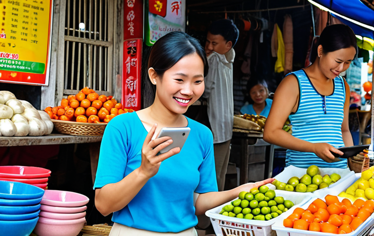 **Prompt:** A bustling Vietnamese local market scene where a traditional small business owner (e.g., a street food vendor or artisan) is seamlessly integrating digital tools. They are smiling while looking at a tablet or smartphone displaying an e-commerce platform or social media app, with customers in the background. The image should convey the blend of traditional charm with modern digital adoption.
* **Keywords:** Vietnamese market, small business, digital transformation, street vendor, artisan, smartphone, tablet, e-commerce, social media, traditional, modern, seamless integration, bustling, local.