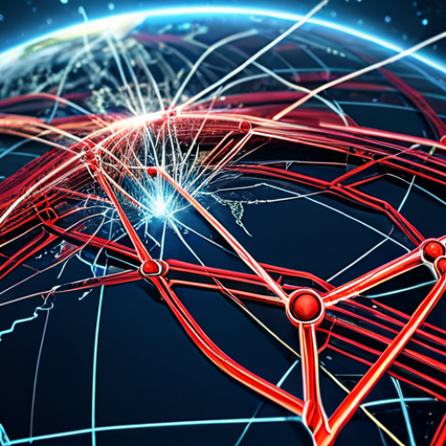 Home 8 A highly conceptual image symbolizing the challenges of a globalized supply chain. A dynamic, intricate network of interconnected lines and pathways spanning across a blurred world map, with visible bottlenecks, red highlights indicating strain and disruption, and elements suggesting complexity and fragility. The overall impression is one of a vast, yet vulnerable system. Professional digital art, high quality, safe for work, appropriate content, perfect anatomy, correct proportions, natural pose, family-friendly.