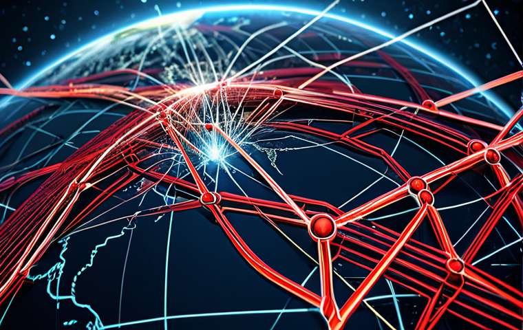 A highly conceptual image symbolizing the challenges of a globalized supply chain. A dynamic, intricate network of interconnected lines and pathways spanning across a blurred world map, with visible bottlenecks, red highlights indicating strain and disruption, and elements suggesting complexity and fragility. The overall impression is one of a vast, yet vulnerable system. Professional digital art, high quality, safe for work, appropriate content, perfect anatomy, correct proportions, natural pose, family-friendly.