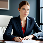 **

"Modern office interior, fully clothed businesswoman in a tailored suit sitting at a desk, working on financial planning documents, safe for work, professional, appropriate attire, perfect anatomy, natural lighting, clean and organized environment."

**