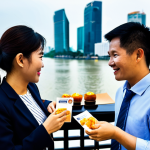 **

"A bustling networking event in Ho Chi Minh City, Vietnam. Business professionals in smart casual, appropriate attire mingle and exchange business cards in front of a backdrop featuring the Saigon skyline. Delicious Vietnamese snacks and drinks are served. Focus on positive interactions and collaborative spirit. High quality, professional photograph, perfect anatomy, well-formed hands, natural body proportions, safe for work, appropriate content, fully clothed, professional, family-friendly."

**