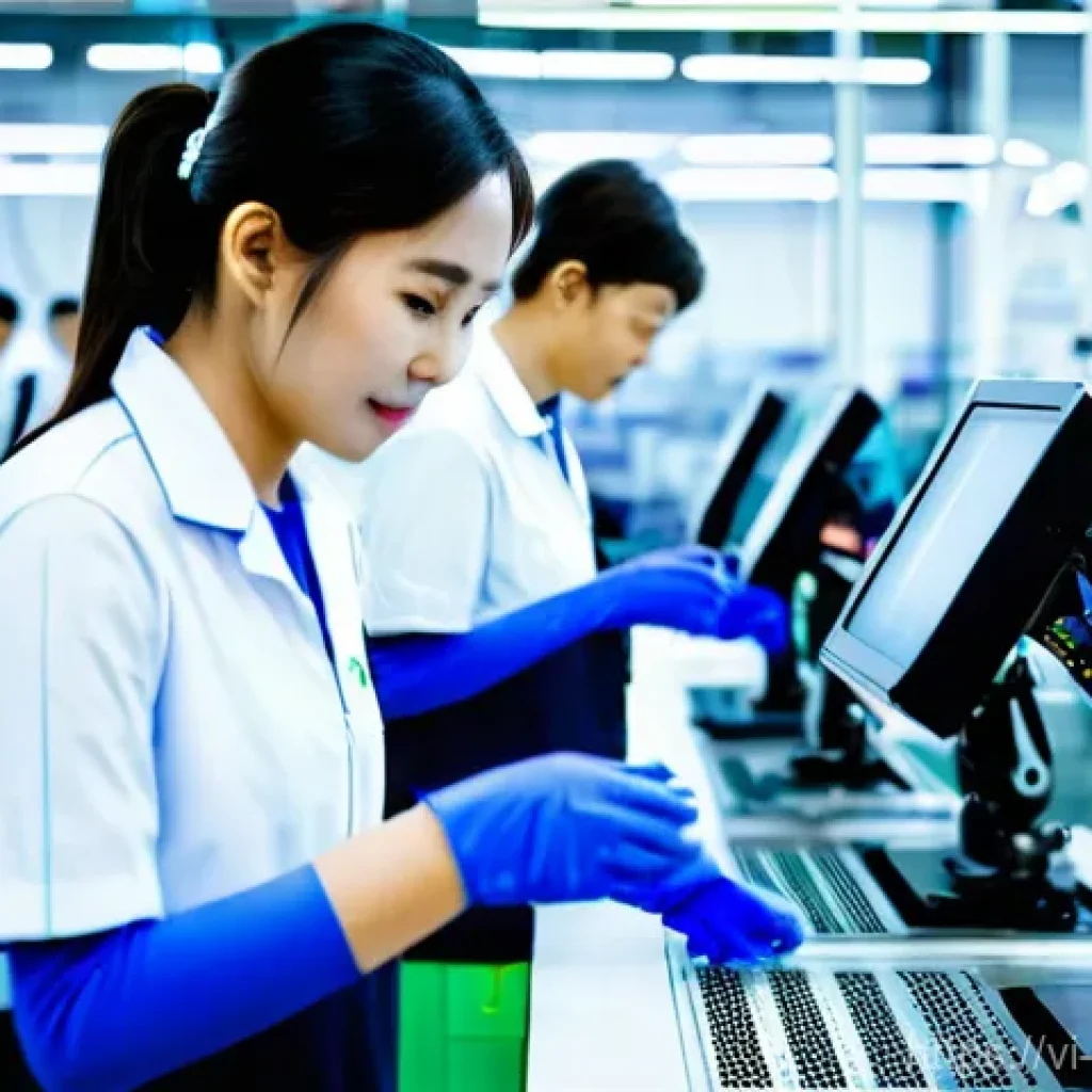 온쇼어링 비즈니스와 혁신적 기술의 접목 - **Prompt:** A bustling, ultra-modern Vietnamese smart factory. The scene is brightly lit and meticul...
