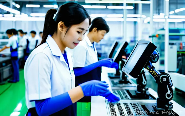 온쇼어링 비즈니스와 혁신적 기술의 접목 - **Prompt:** A bustling, ultra-modern Vietnamese smart factory. The scene is brightly lit and meticul...