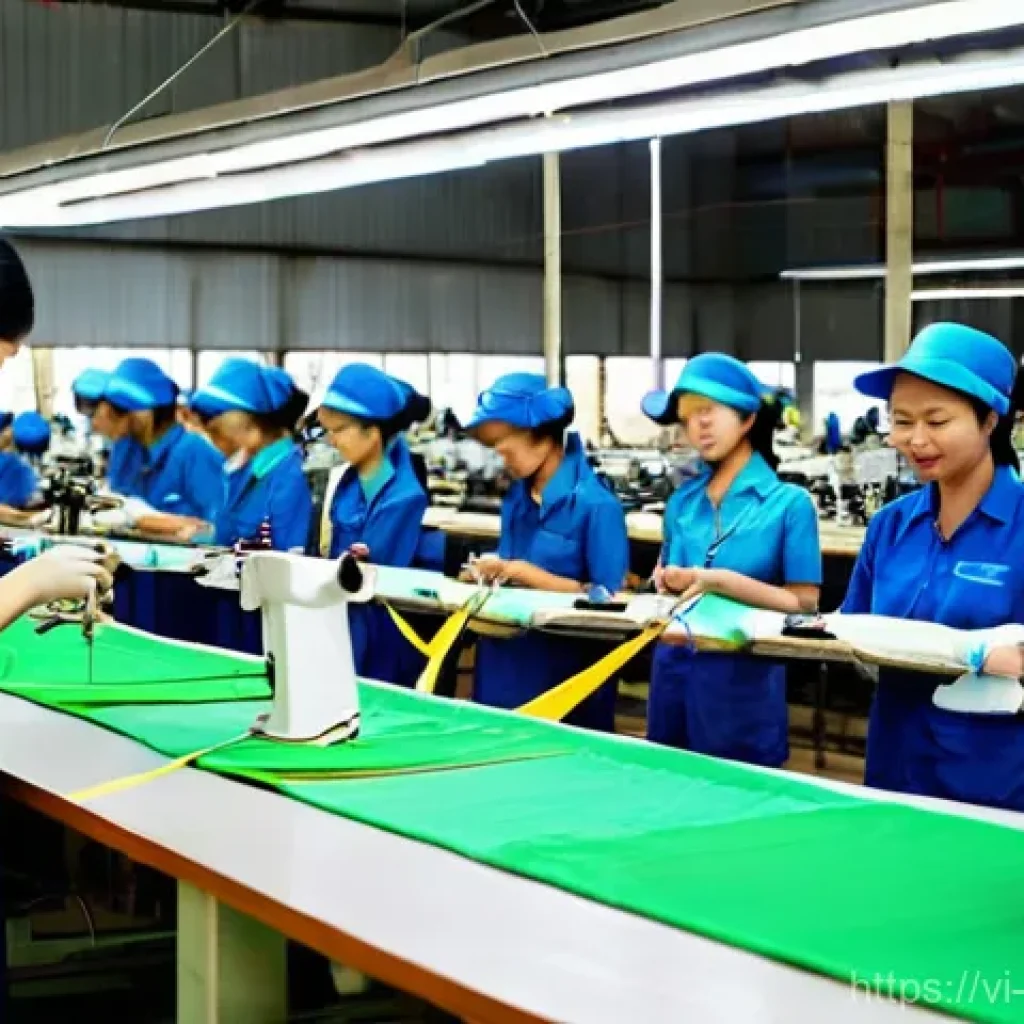 온쇼어링 비즈니스의 지역 경제 발전 - **Prompt:** A bustling, modern textile factory floor in a vibrant Vietnamese province. Sunlight stre...