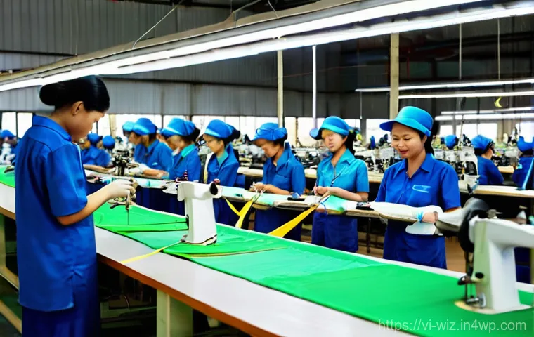 온쇼어링 비즈니스의 지역 경제 발전 - **Prompt:** A bustling, modern textile factory floor in a vibrant Vietnamese province. Sunlight stre...