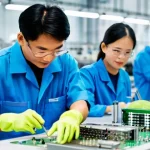 Home 22 온쇼어링 비즈니스의 트렌드와 변화 - **Prompt:** A brightly lit, spacious, and modern manufacturing facility in Vietnam. A diverse group ...