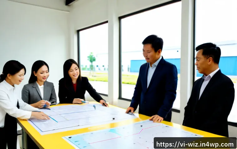Home 17 온쇼어링 비즈니스의 인사이트와 분석 - Photorealistic Vietnamese business analysts and factory managers reviewing domestic manufacturing pl...